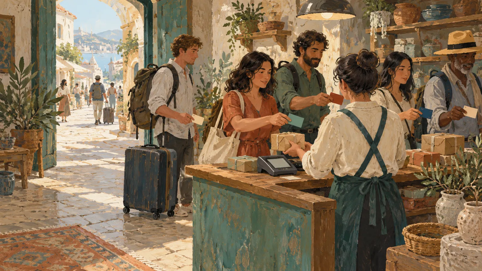 Illustration of travelers holding cards at a shop counter with parcels and a payment terminal; a sunlit street and harbor are visible through the doorway. SI illustration