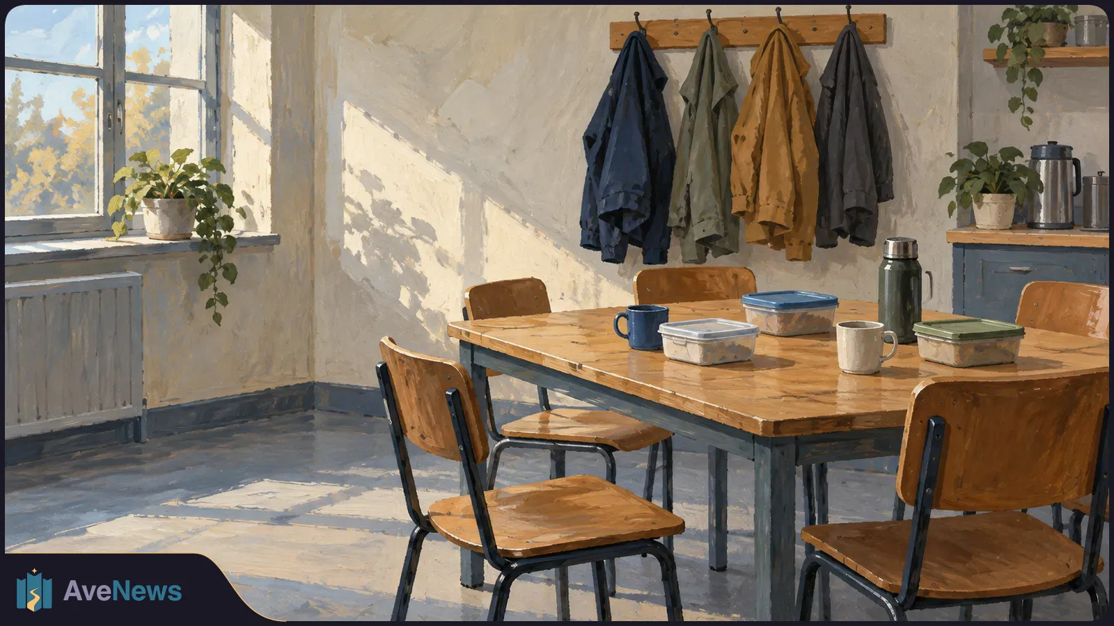 Painted room with coats on wall hooks, chairs around a table with food containers and mugs, and sunlight falling through a window. SI illustration