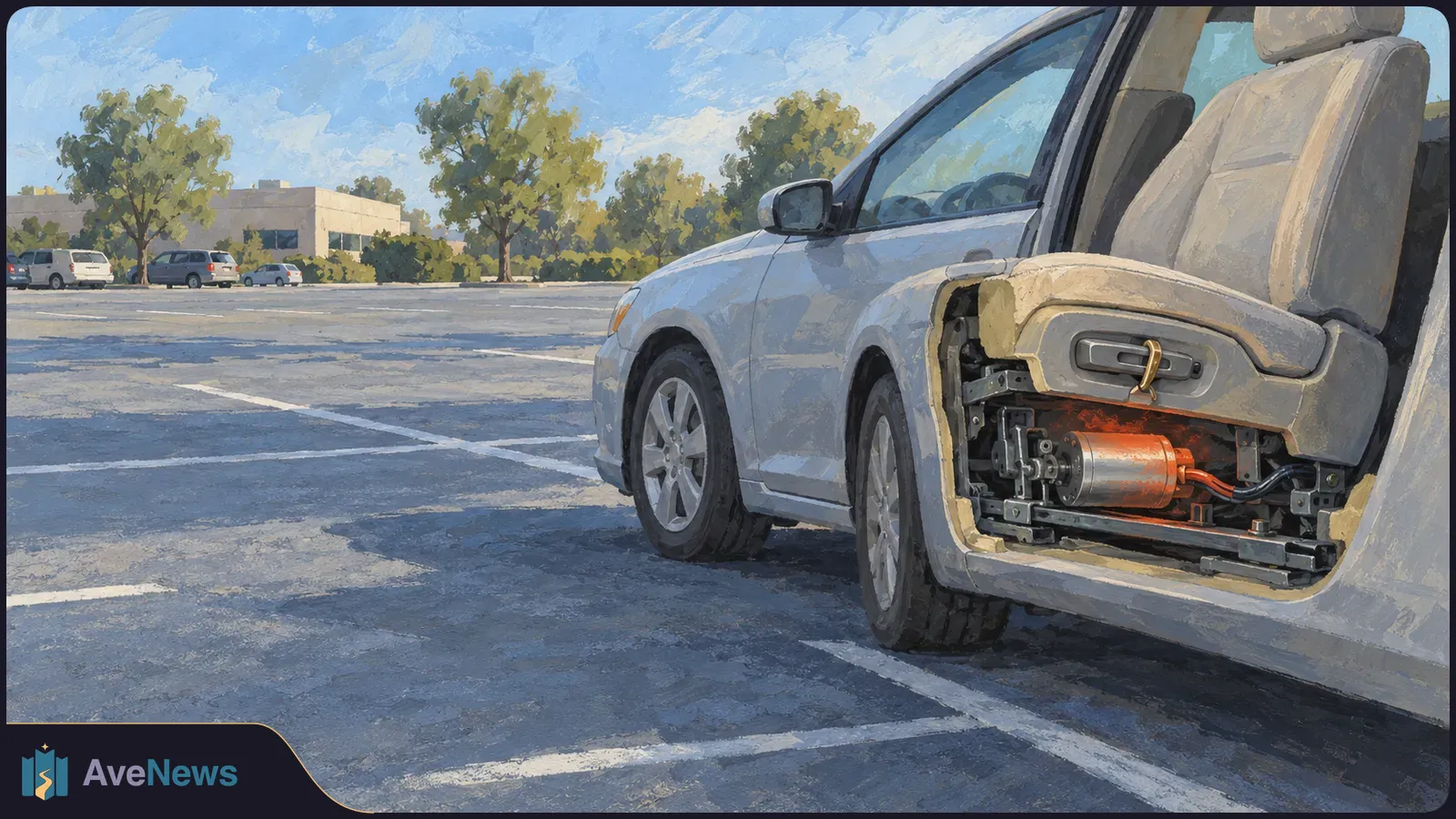 Painted illustration of a silver car parked outdoors, with a cutaway front seat showing an orange motor and wiring beneath the cushion. SI illustration