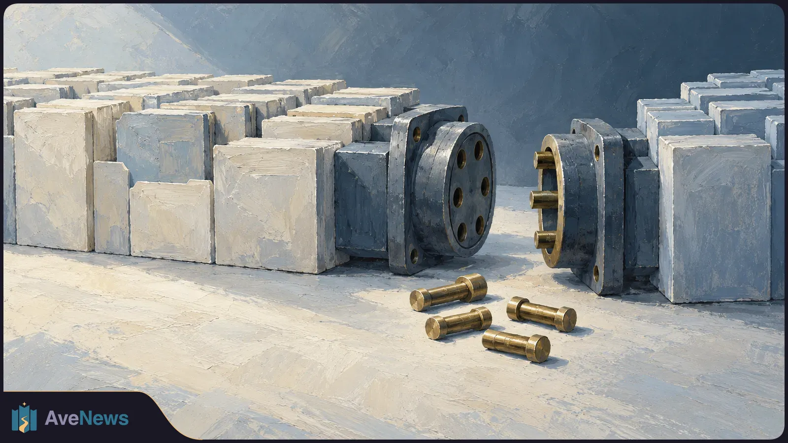 Painterly illustration of two rows of pale rectangular blocks ending in separated dark circular connectors, with four brass pins lying between them. SI illustration