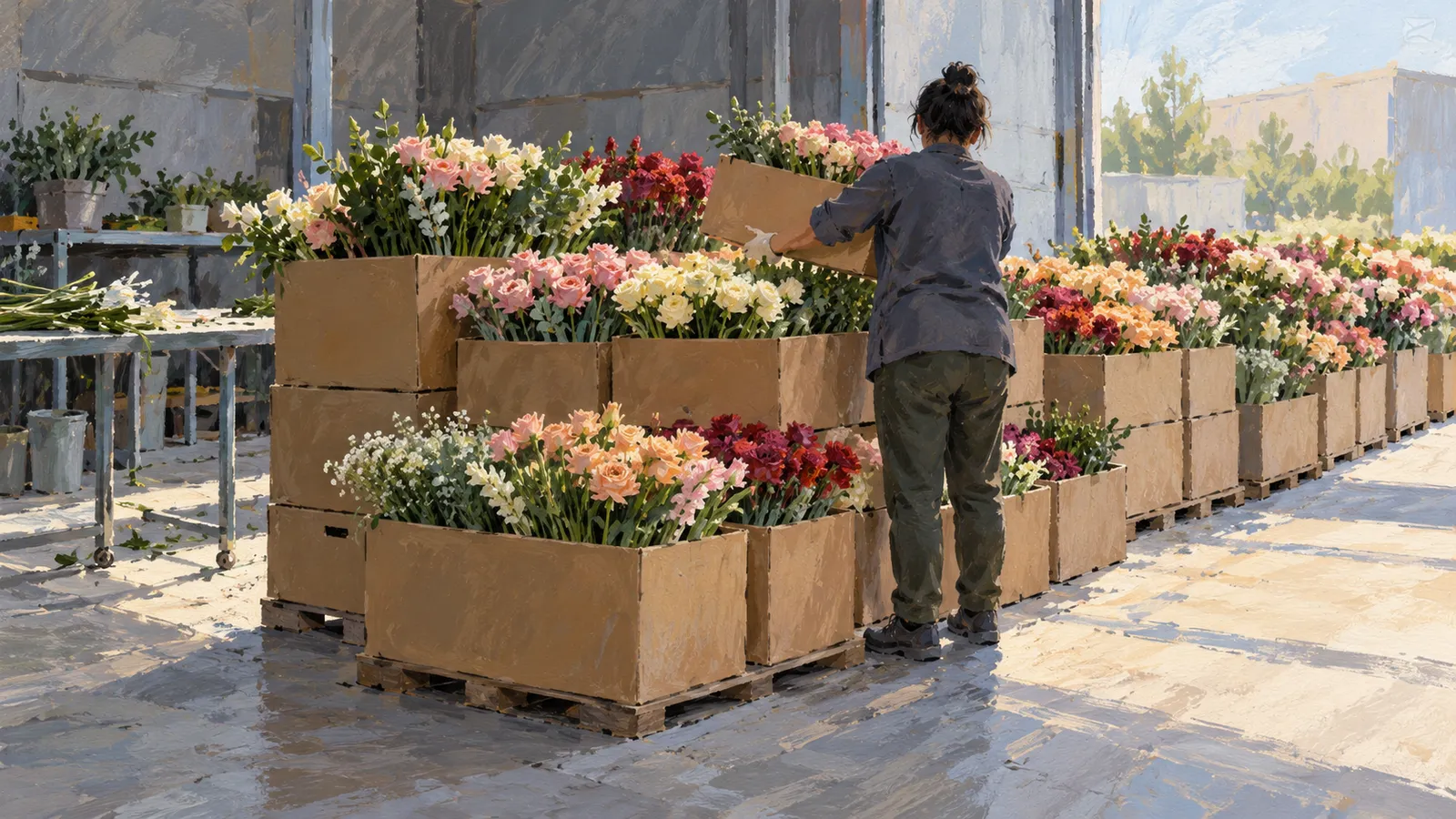 A person carries a box of flowers among rows of cardboard boxes filled with colorful blooms in a sunlit workspace. SI illustration