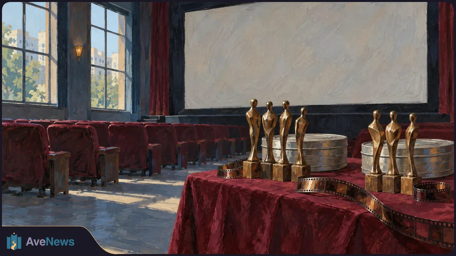 A painted cinema with burgundy seats and a blank screen. Seven gold statuettes, metal film canisters and filmstrips sit on a red-draped table in front. SI illustration