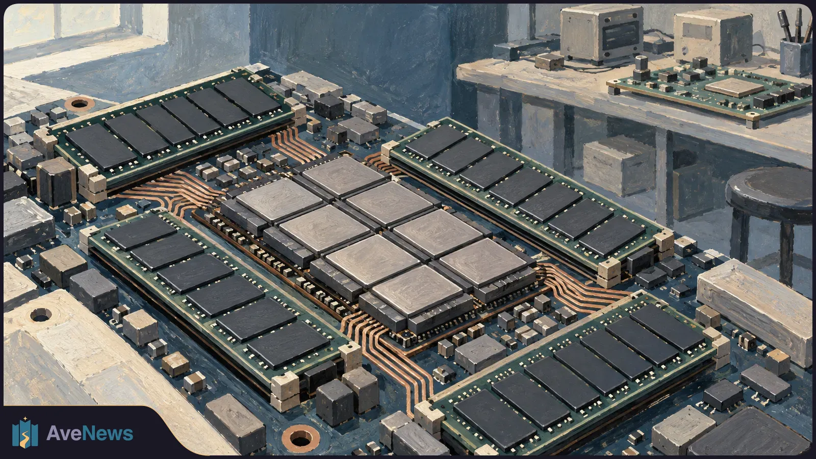 Painted close-up of a circuit board with central chips surrounded by four memory modules; more electronics sit on a workbench behind it. SI illustration