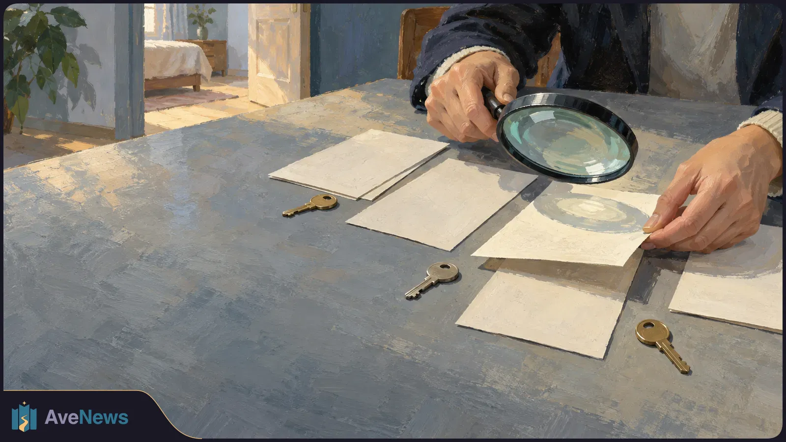 Painted scene of a person examining blank papers with a magnifying glass at a table. Three keys lie nearby, and a bed is visible through an open doorway. SI illustration