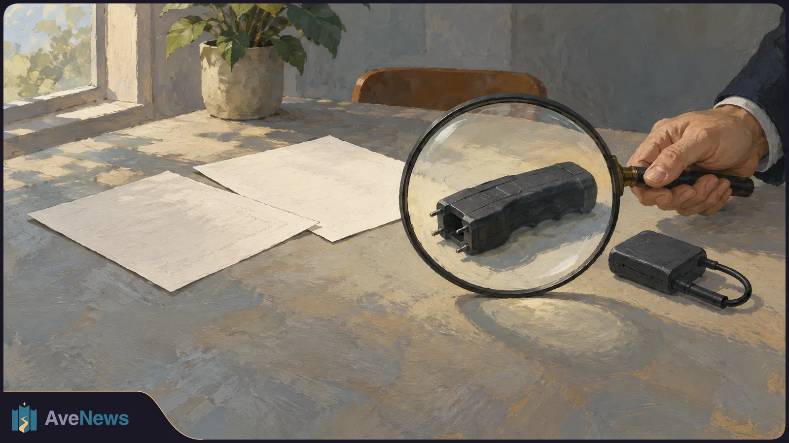 Illustration of a hand holding a magnifying glass over a black electrical device on a desk, beside blank papers and another small device. SI illustration