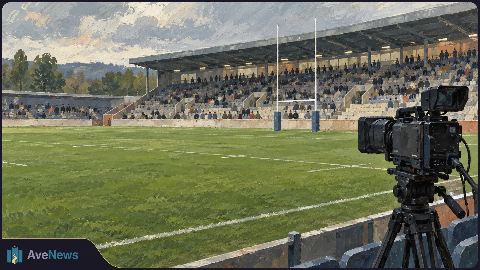 A broadcast camera on a tripod faces an empty rugby pitch, with goalposts and spectator-filled stands beyond it. SI illustration