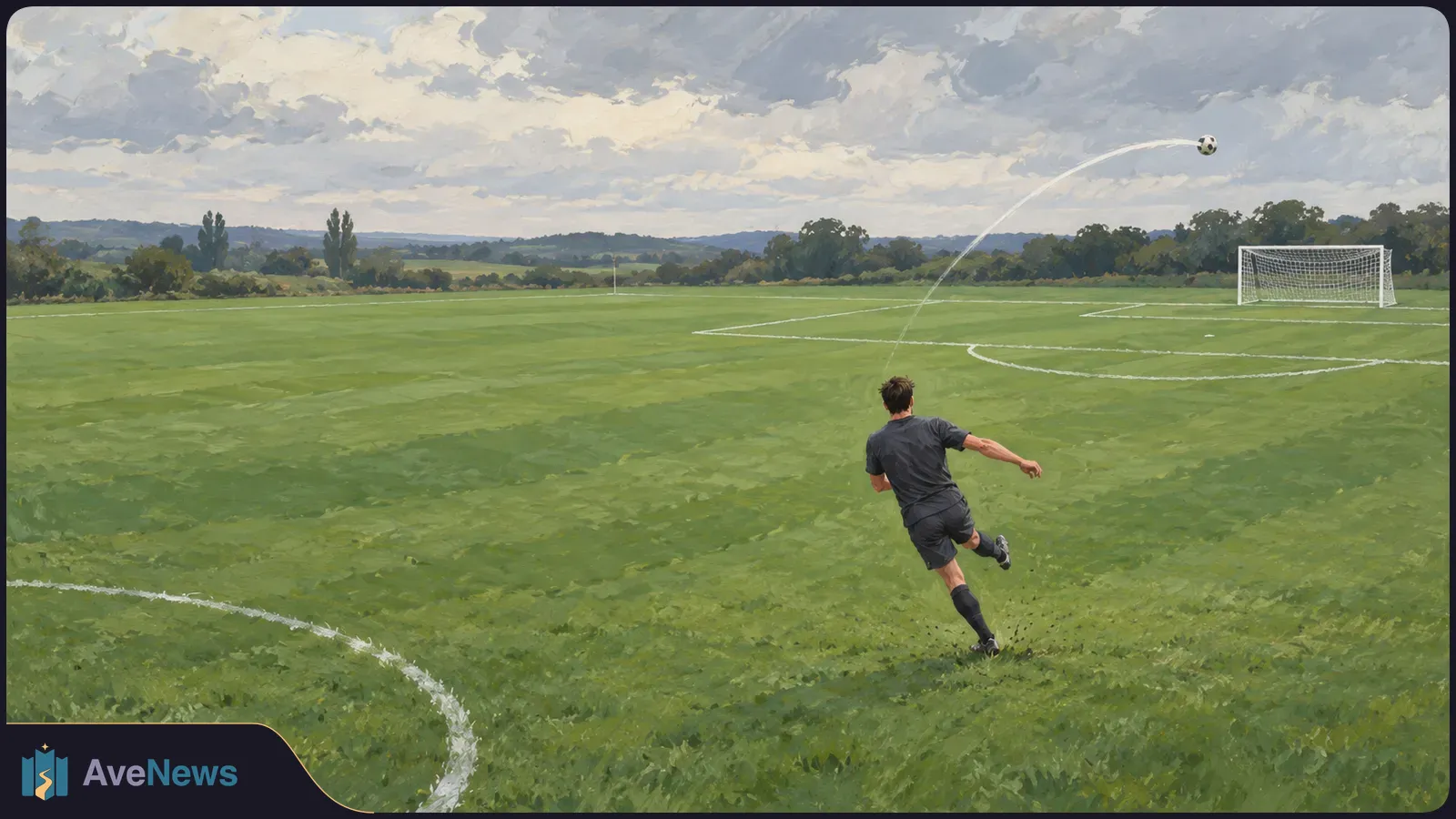 A painted soccer scene shows a player in dark kit following through on a long shot as the ball arcs high toward a distant goal across an empty field. SI illustration