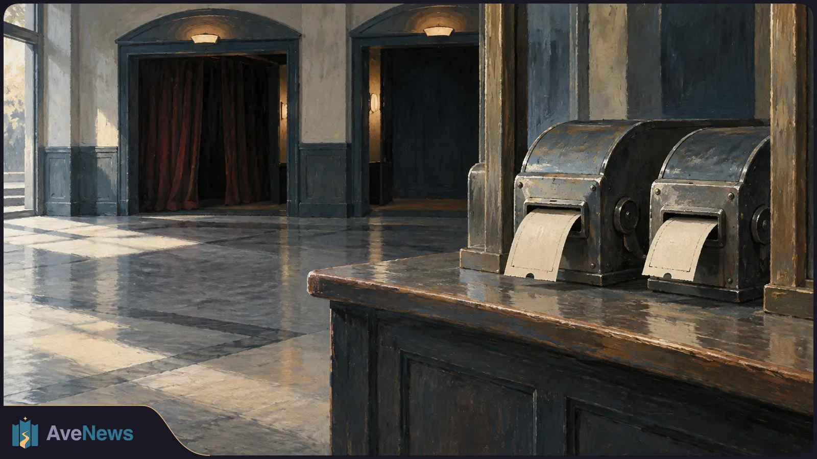 Painterly view of an empty cinema lobby, with two ticket dispensers on a counter and two dark entranceways behind them. SI illustration