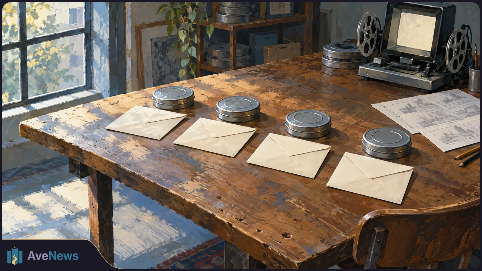 Painted scene of four sealed envelopes and stacked film canisters on a wooden table, with a reel-to-reel film viewer, storyboard sketches and pencils nearby. SI illustration