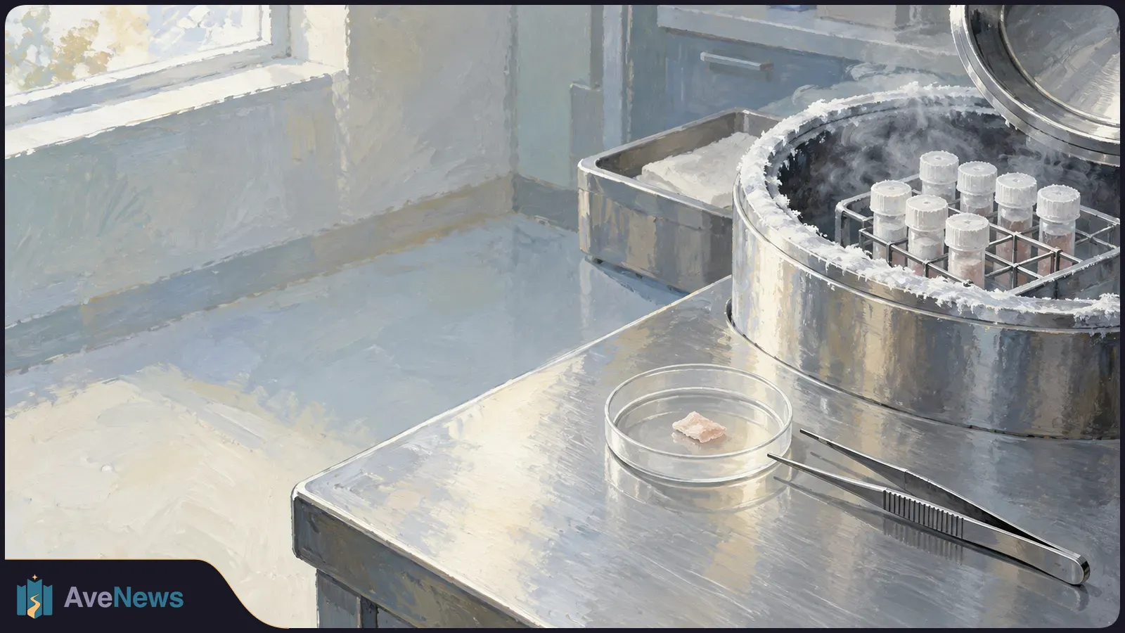 Illustration of frosted sample vials in an open cold-storage container, with a small specimen in a glass dish and tweezers on a metal lab bench. SI illustration