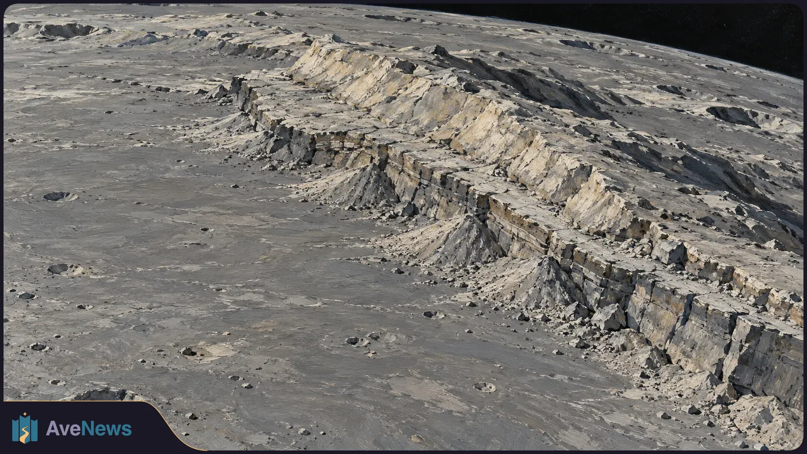 Gray, cratered lunar terrain with a long, jagged ridge and steep rocky slopes beneath black space. SI illustration