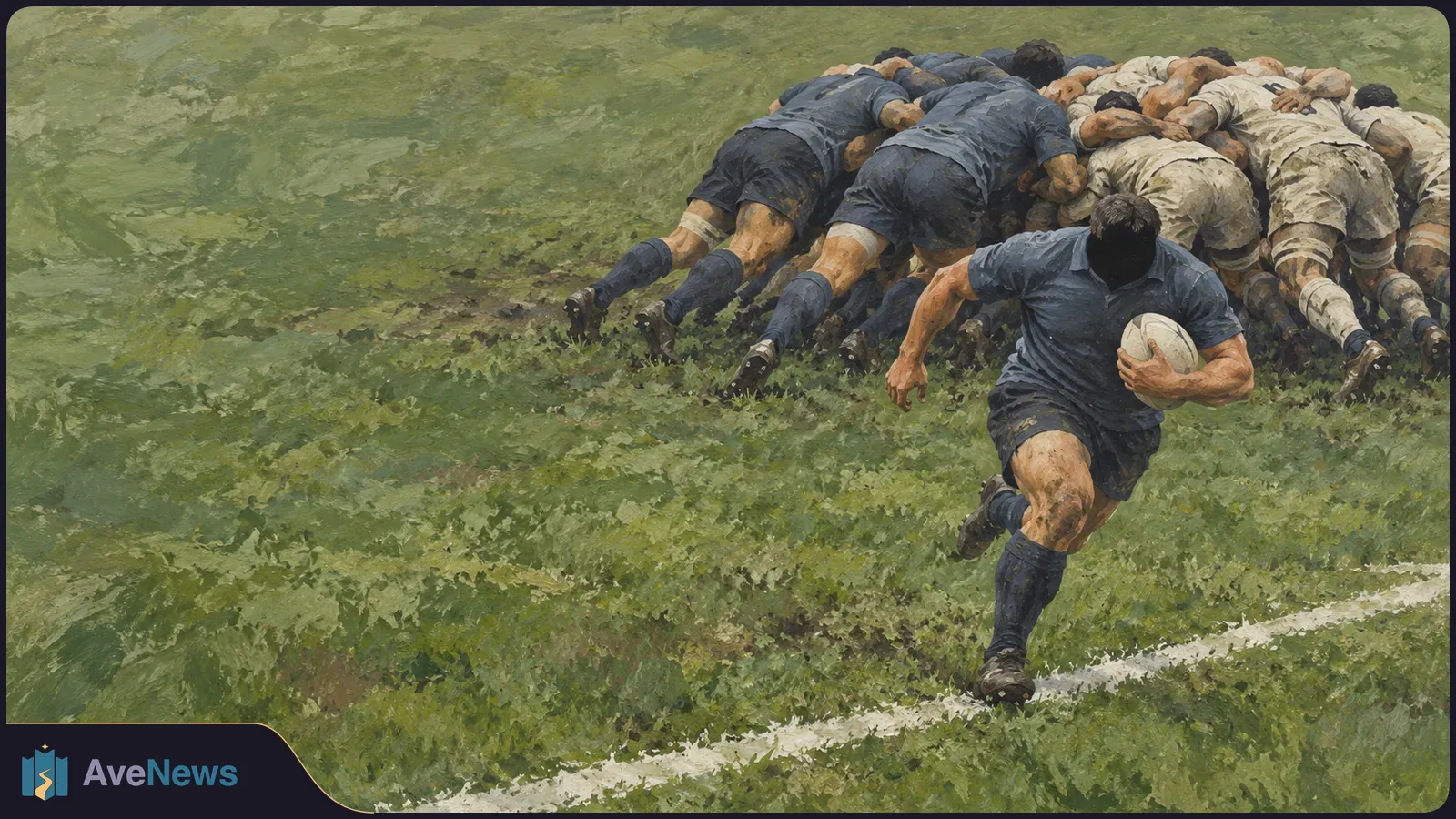 Painted rugby scene: a player in dark blue runs with the ball in front of a scrum of players in dark blue and white on a grassy field. SI illustration