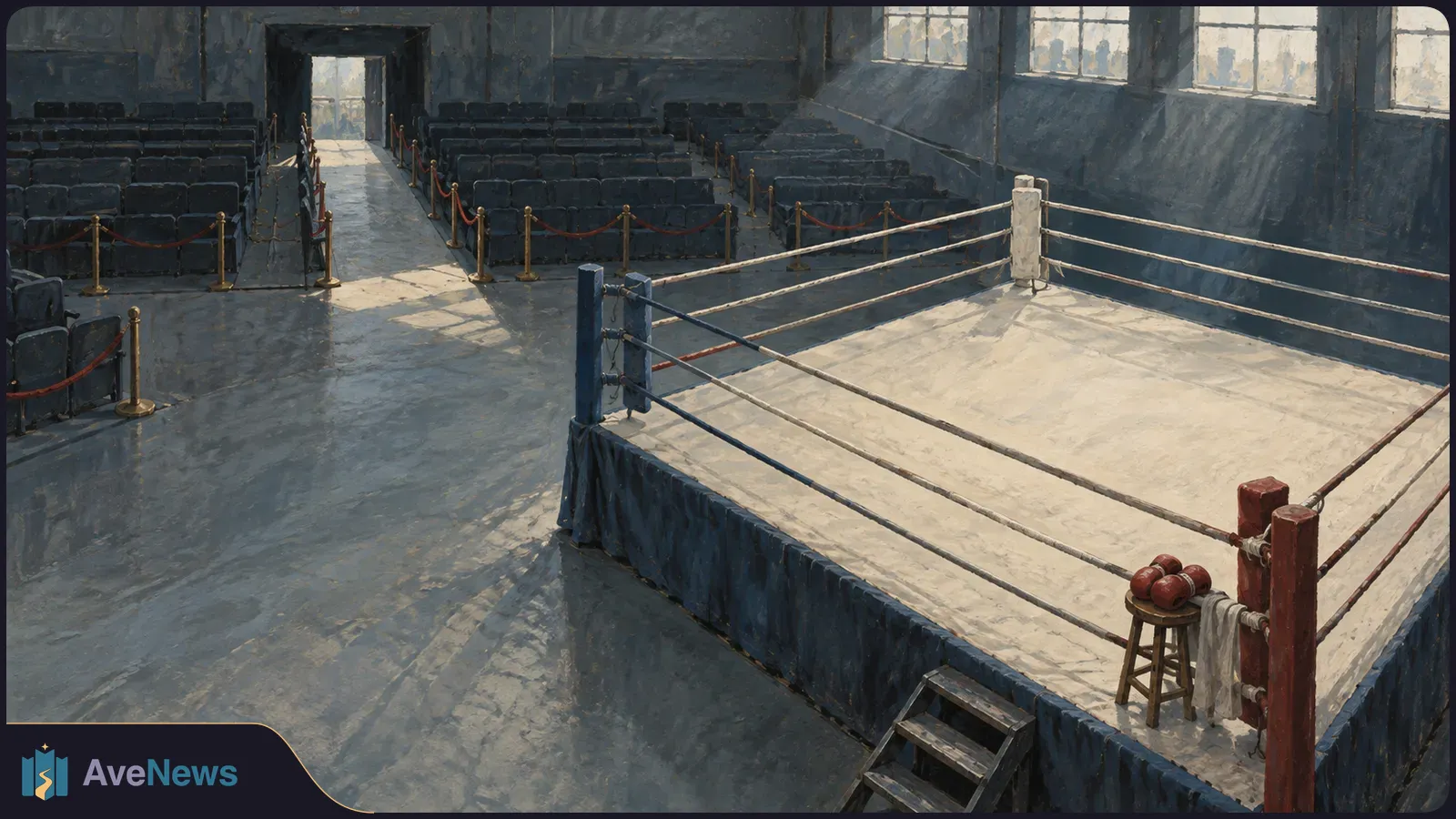 An empty boxing ring in a dim hall, with rows of seats behind it. Red gloves rest on a stool, and a towel hangs at the corner. SI illustration