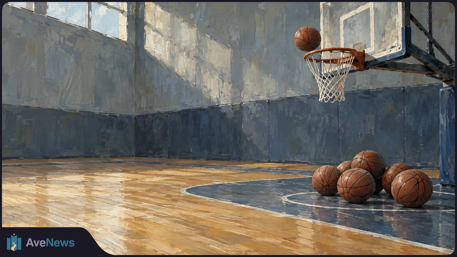 Painterly view of an empty indoor basketball court, with a ball near the hoop and several balls clustered on the floor beneath it. SI illustration