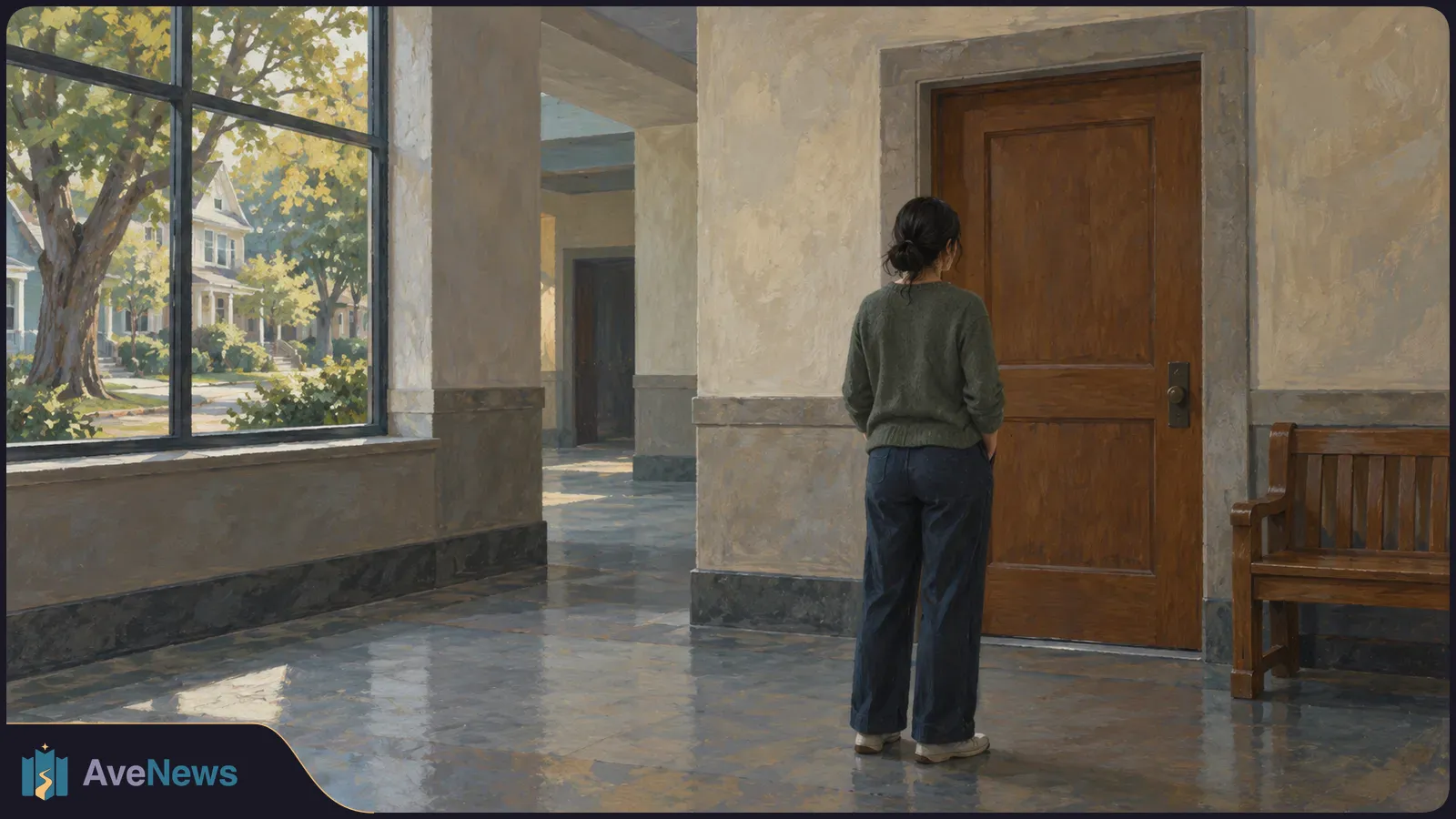 Painterly image of a woman seen from behind standing by a closed wooden door in a sunlit hallway. A large window overlooks trees and houses; a wooden bench sits nearby. SI illustration