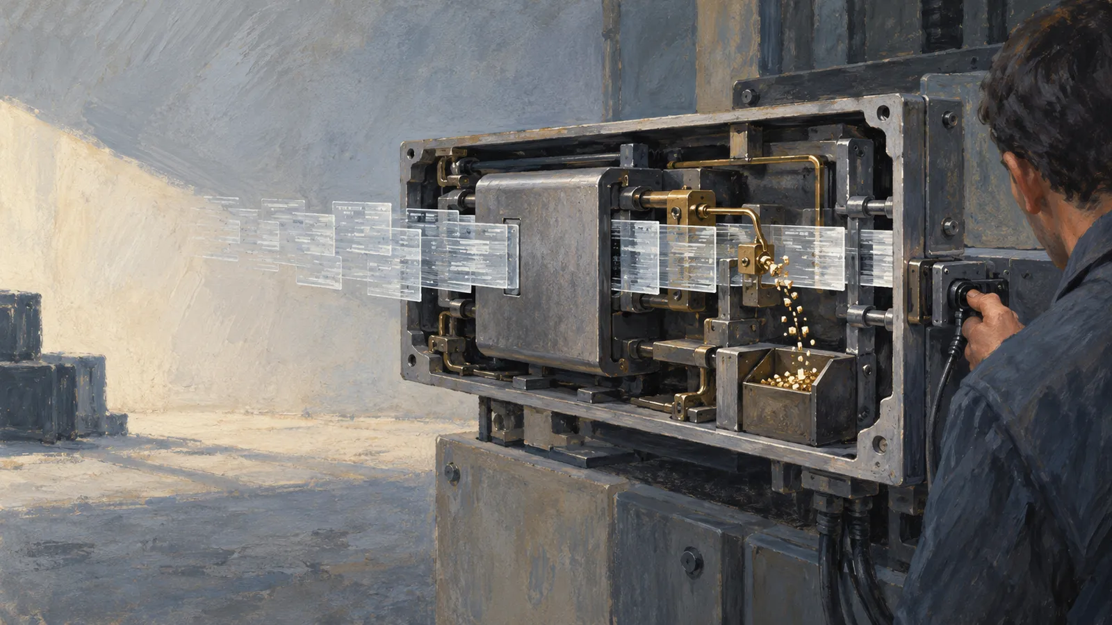 A man operates an open metal machine as translucent panels pass through it and small golden pieces fall into a container. SI illustration