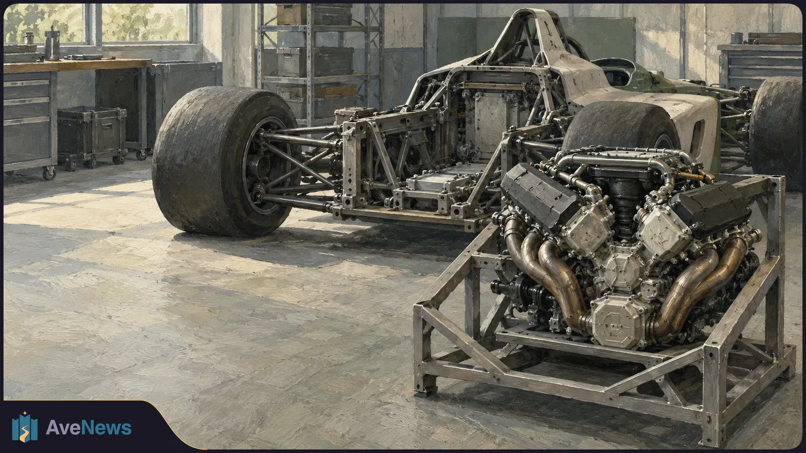 A painted workshop scene with a stripped open-wheel race car chassis behind a large engine mounted on a metal stand. SI illustration