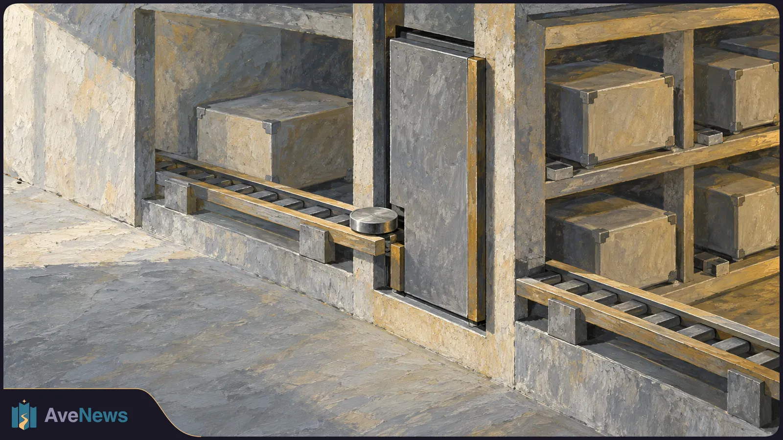 Painted concrete storage bays with wooden crates on roller conveyors beside a tall metal door. SI illustration