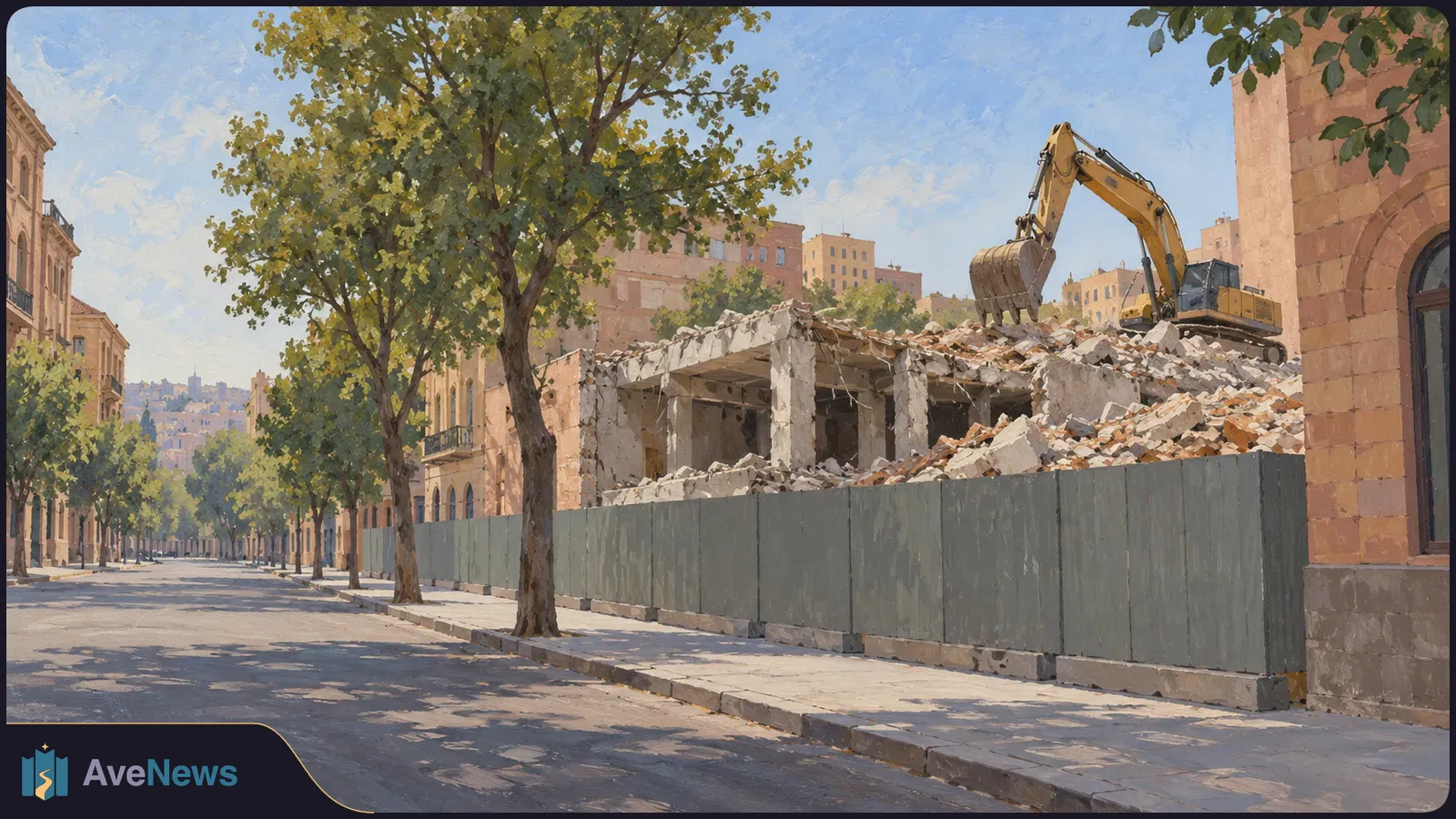 Painterly illustration of an excavator above the rubble of a partly demolished building, behind a gray fence on a tree-lined city street. SI illustration