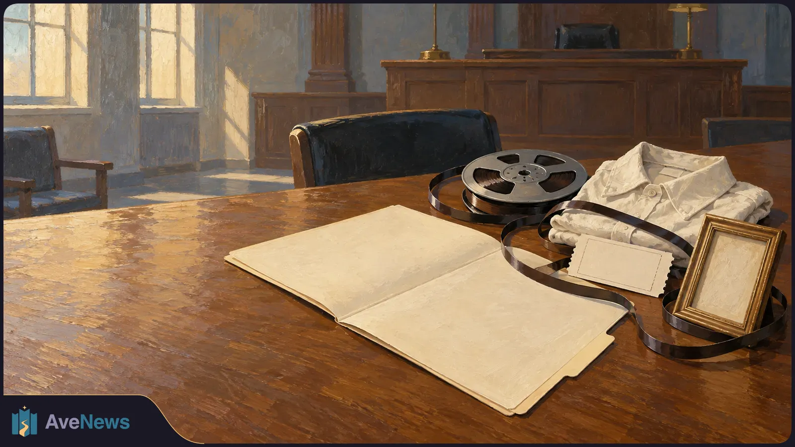 Painterly courtroom scene with an open blank folder on a wooden table beside a tape reel, folded white shirt, blank card and empty gold frame. SI illustration