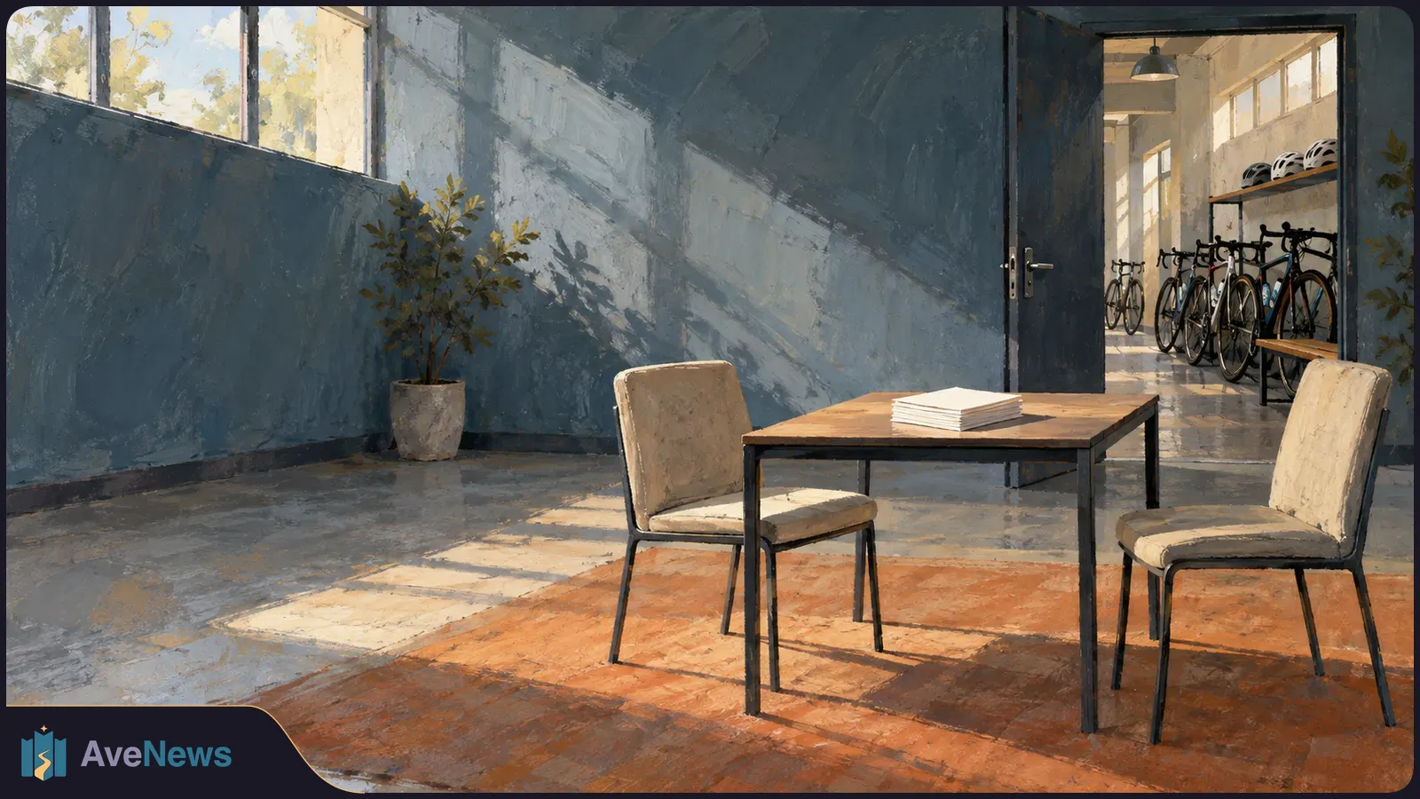 Painterly room with two empty chairs beside a table holding blank papers; bicycles and helmets are visible through an open doorway. SI illustration