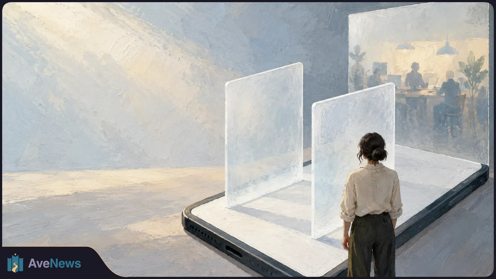 Painterly illustration of a person seen from behind beside a large smartphone with two translucent panels; silhouettes sit around a table in the background. SI illustration