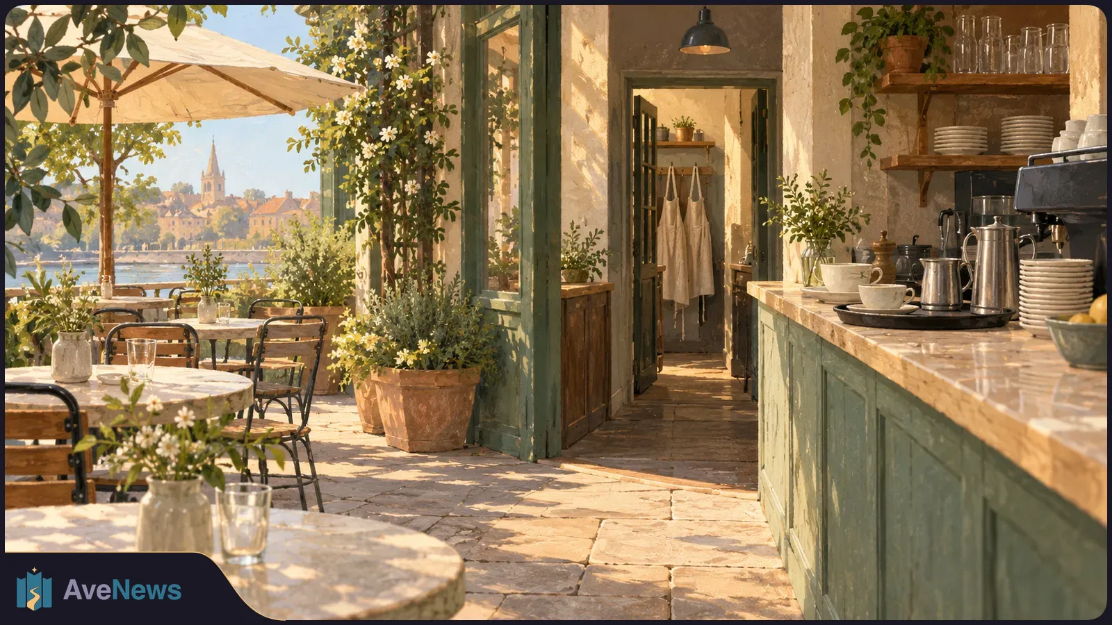 Sunlit café terrace with empty tables beneath an umbrella, flowering plants, and a service counter lined with cups and coffee equipment. SI illustration