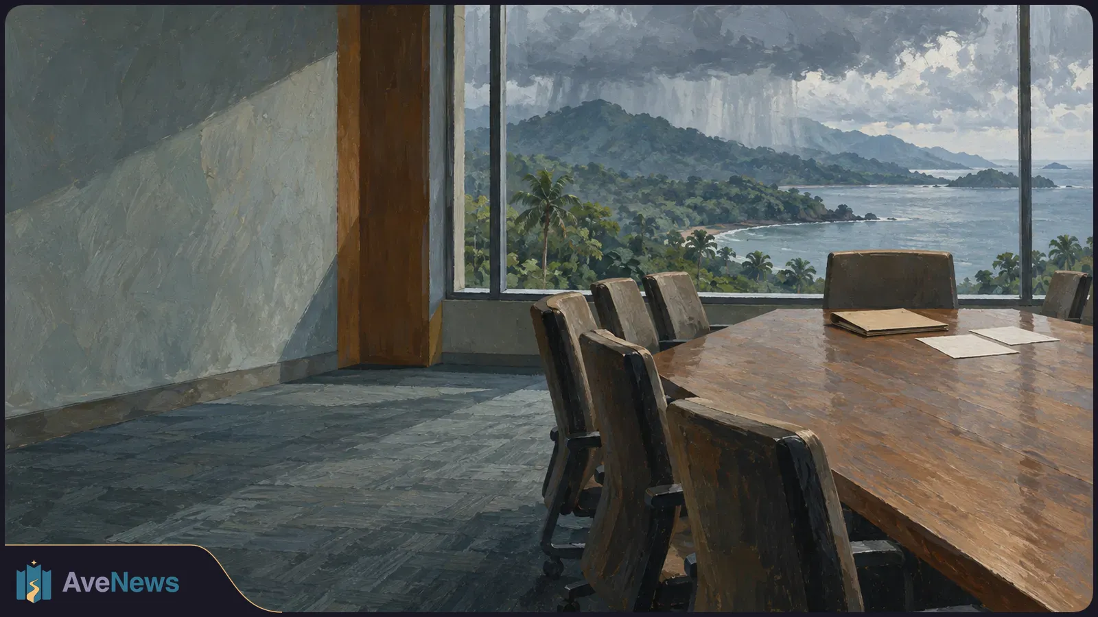 An empty conference room with a wooden table, chairs, a folder and loose papers. Broad windows overlook a forested coast beneath dark rain clouds. SI illustration