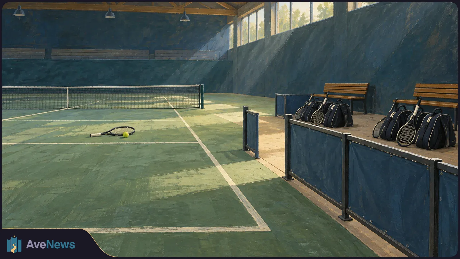 Painted indoor tennis court with a net, a racket and ball on the floor, and several rackets and bags beside wooden benches. SI illustration