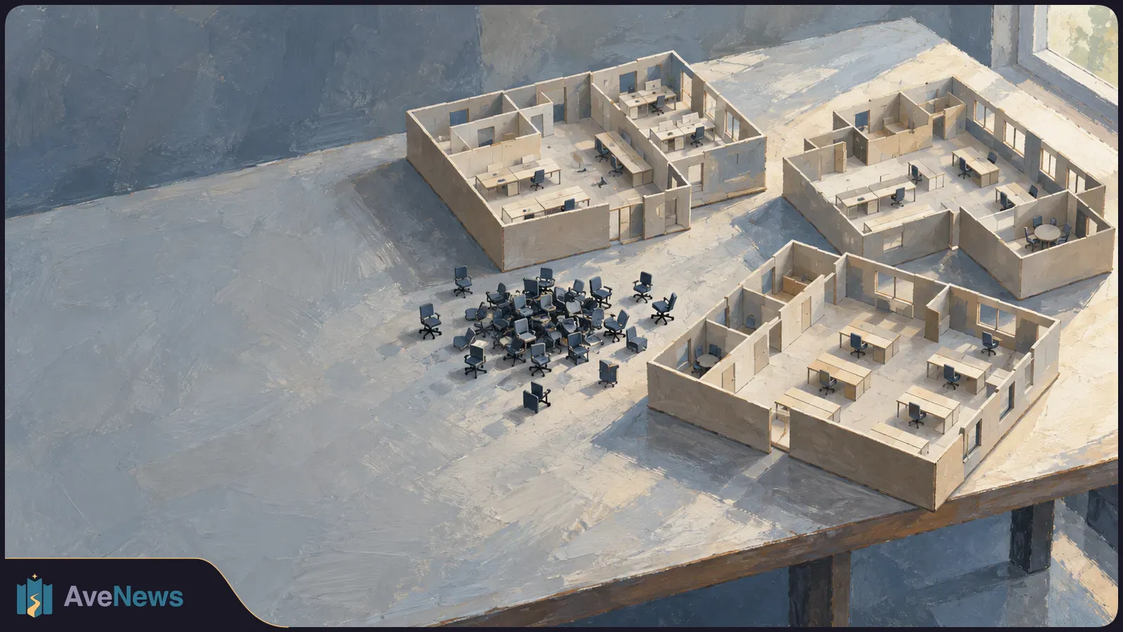 Three miniature office layouts sit on a table beside a heap of empty swivel chairs in a painted illustration. SI illustration