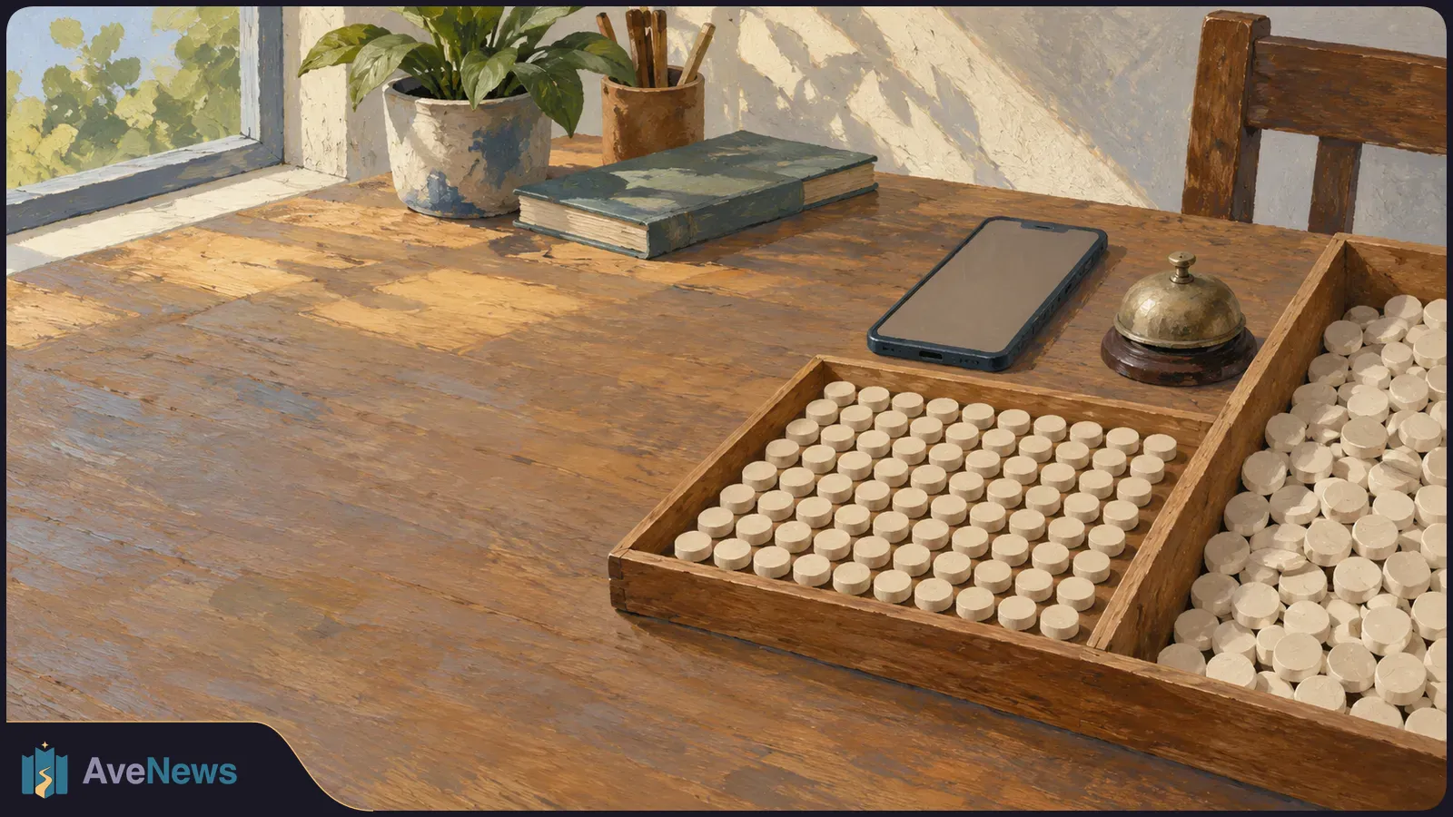 Painted scene of a divided wooden tray holding neat rows and a loose pile of pale round tokens on a sunlit table, beside a blank phone, bell, book and plant. SI illustration