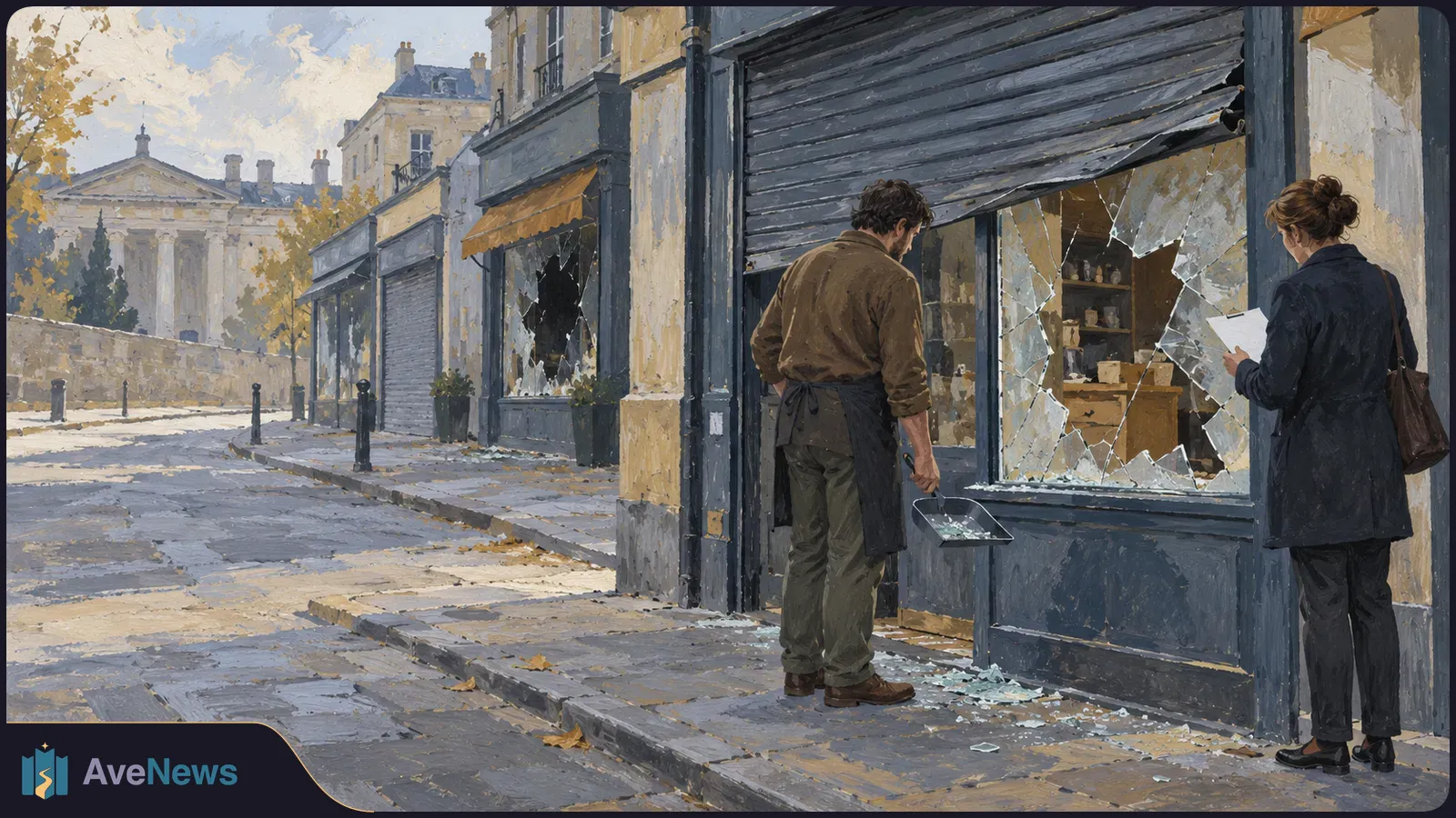 Painterly street scene with shattered shop windows and glass on the pavement. A man holds a dustpan by one storefront while a woman looks at a sheet of paper. SI illustration