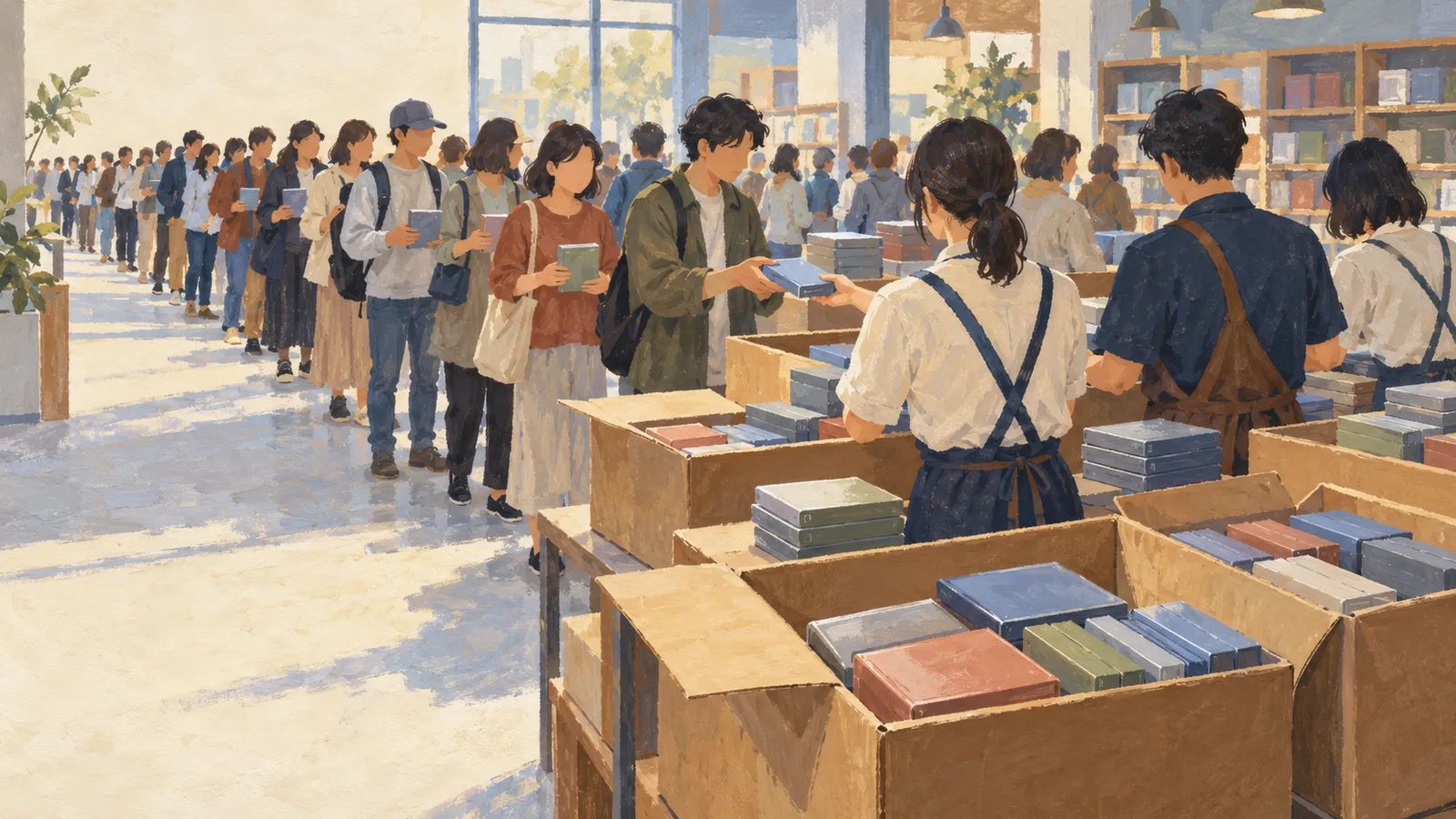 A painted scene of people queuing in a bright shop as staff hand out boxed items from open cartons. SI illustration