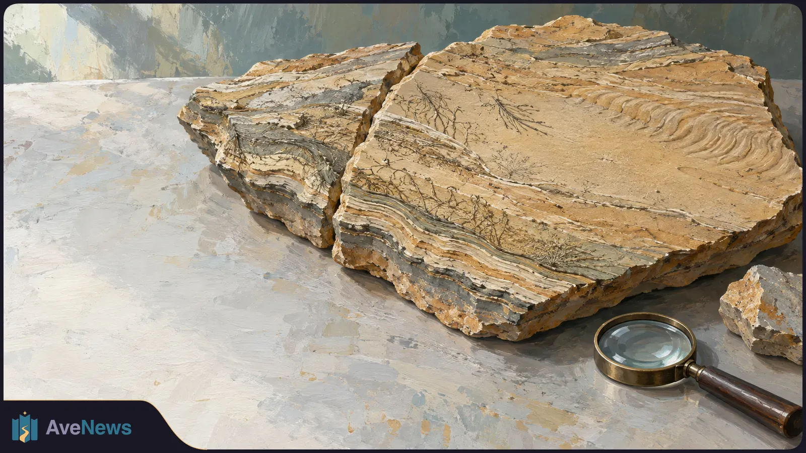 Two layered rock slabs with branching markings lie on a tabletop beside a magnifying glass and a small stone. SI illustration