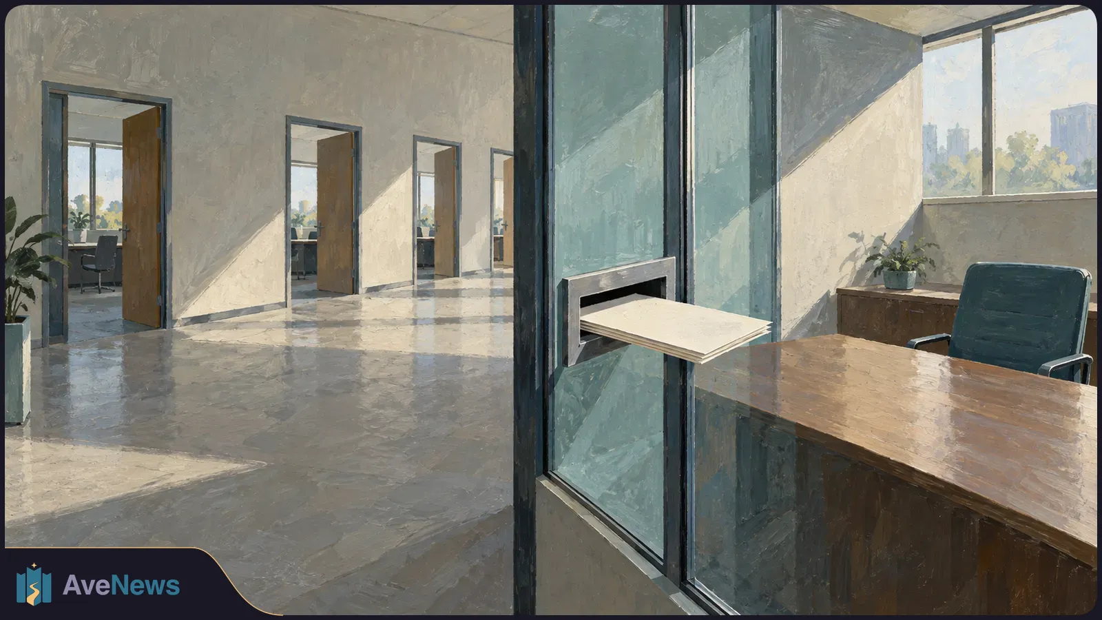 Painted sunlit office corridor with open doors. Blank papers protrude through a slot in a glass partition beside an empty desk. SI illustration