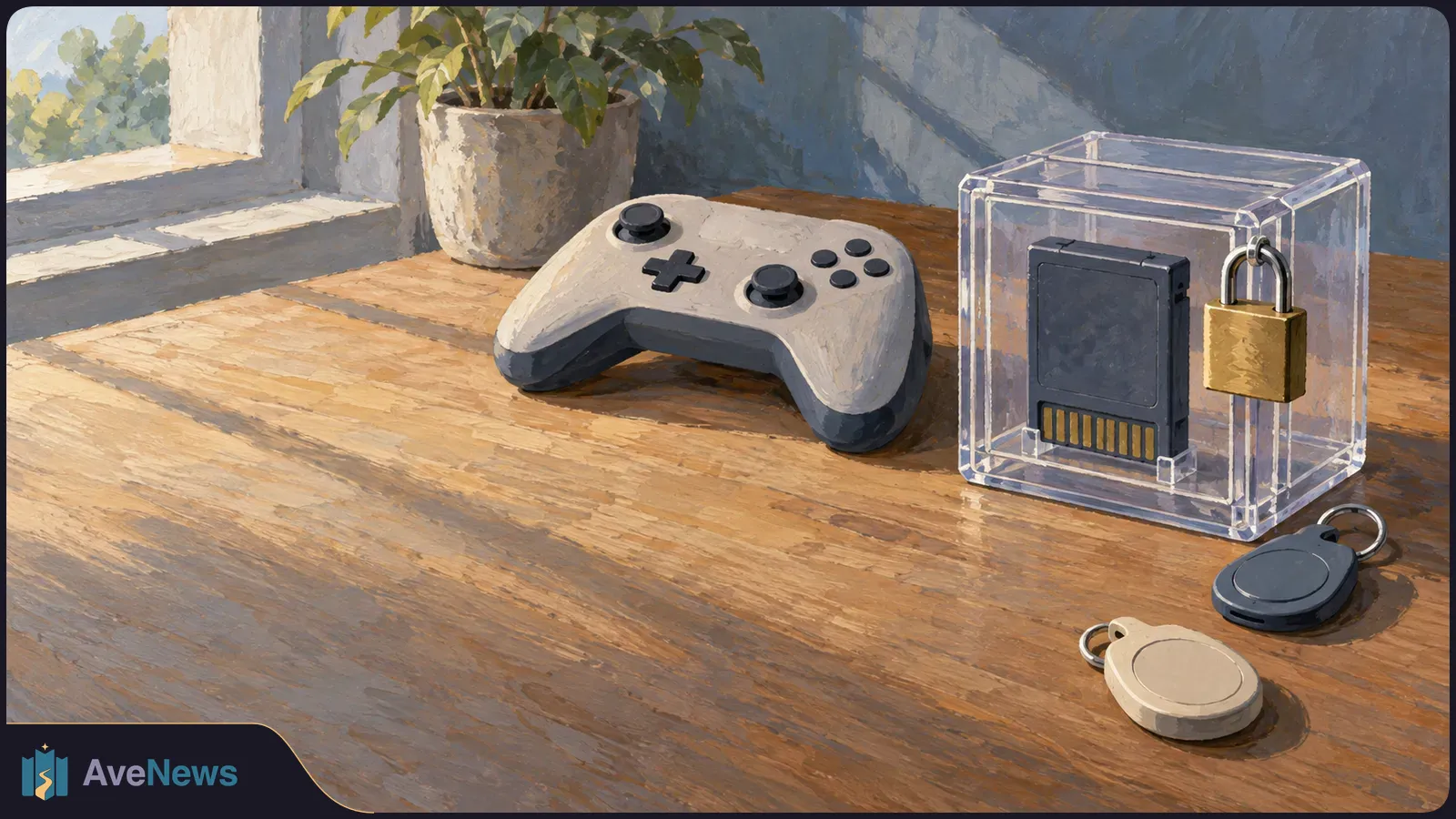 Painted illustration of a game controller beside a cartridge locked in a clear box, with two key fobs on a wooden table. SI illustration