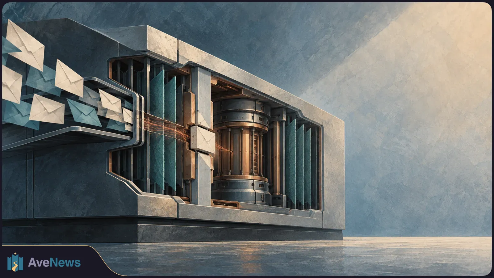 Illustration of paper envelopes moving along a conveyor into a large, cutaway metal machine with a central cylindrical mechanism. SI illustration