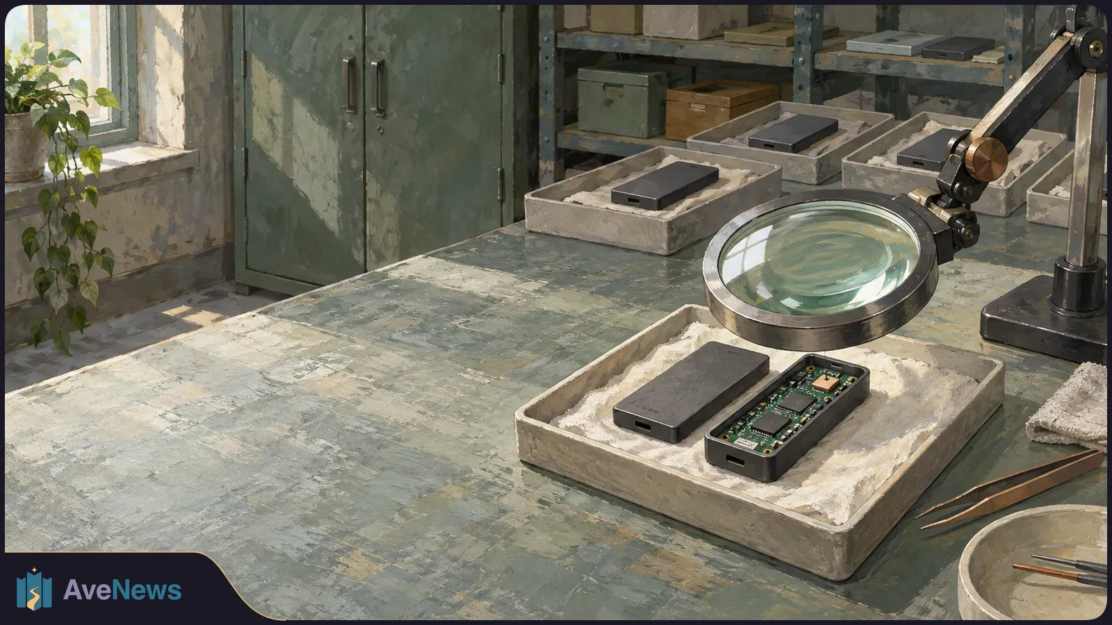 An open black electronic device with a visible circuit board sits beside its casing in a padded tray, beneath a magnifying glass; similar devices rest on shelves and trays behind it. SI illustration