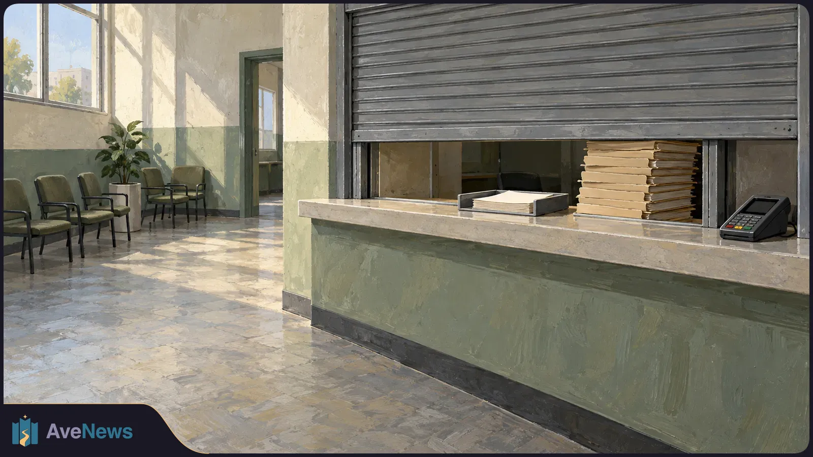 Sunlit, empty waiting room with green chairs and a potted plant. A partly lowered shutter hangs above a counter holding folders, papers and a card terminal. SI illustration