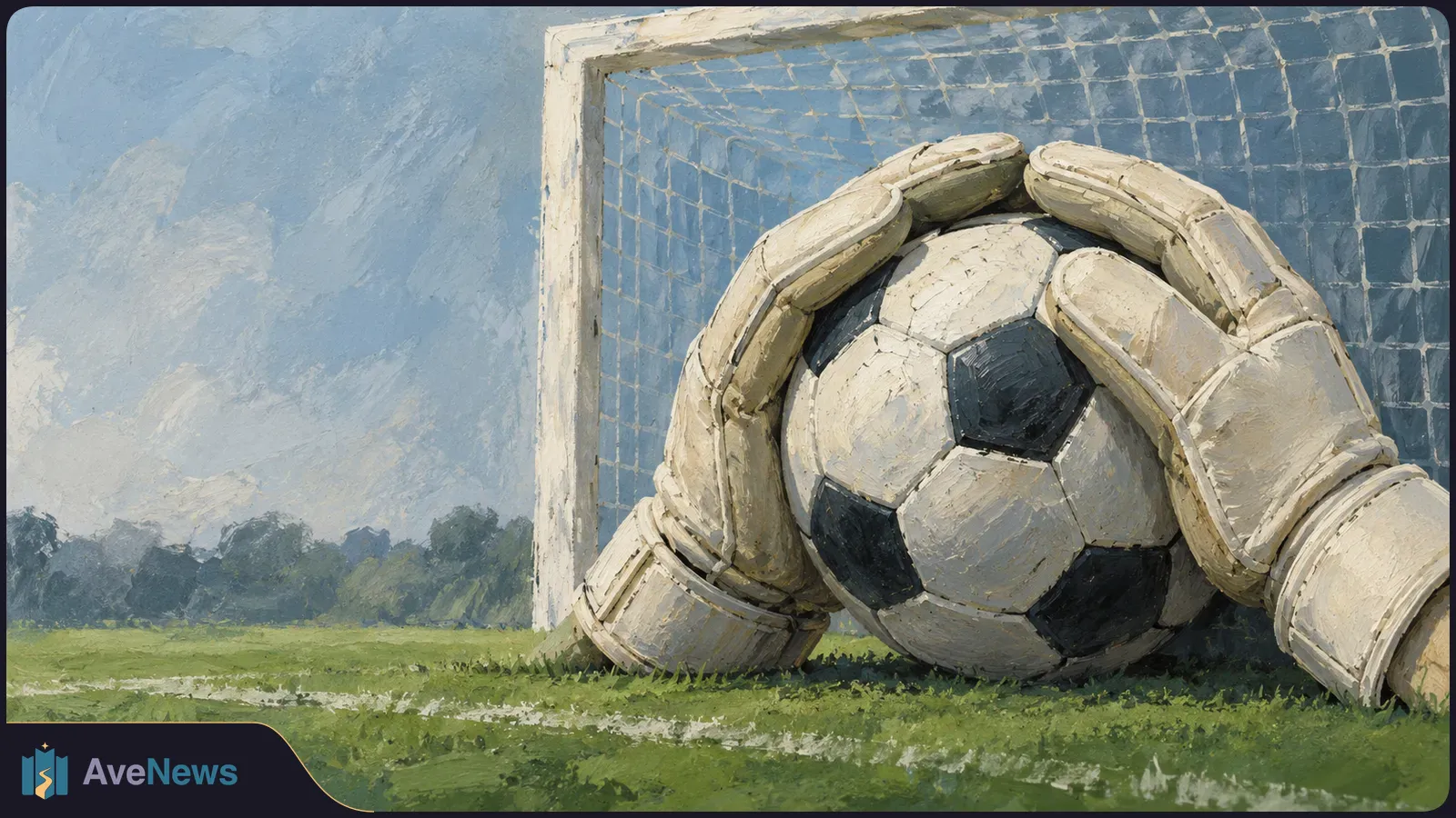 Painterly illustration of goalkeeper gloves holding a black-and-white soccer ball on the grass in front of a goal net. SI illustration