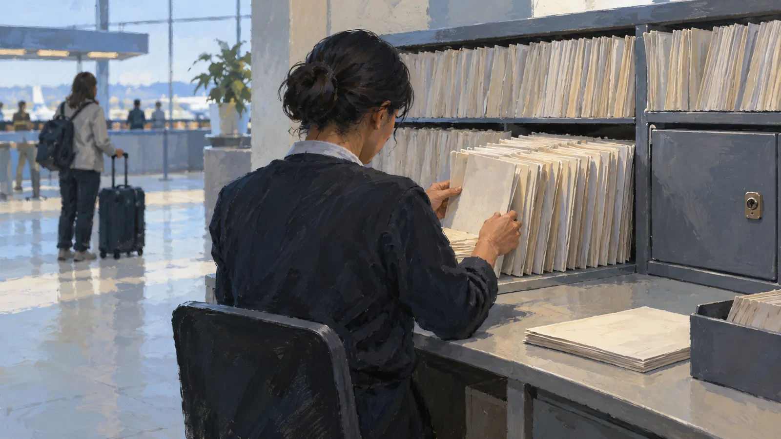 A painted scene of a seated woman sorting folders on shelves, with a traveler and suitcase in a bright terminal behind her. SI illustration