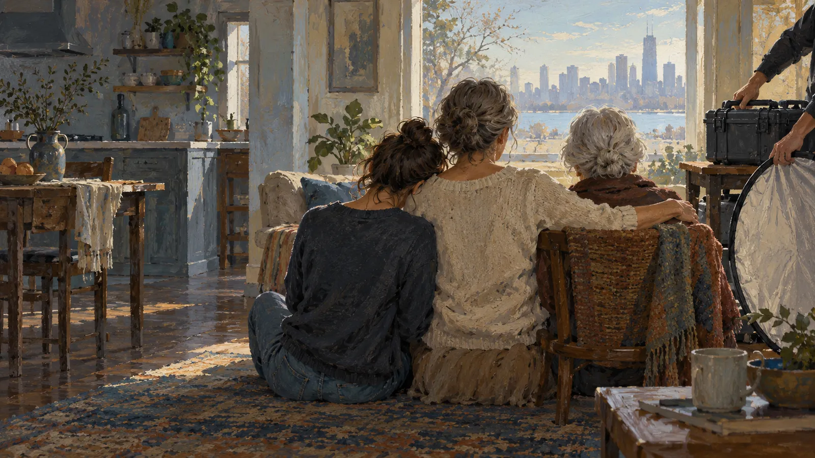 Three women sit close together facing a window and distant skyline; a person at the edge holds a reflector beside a black equipment case. SI illustration