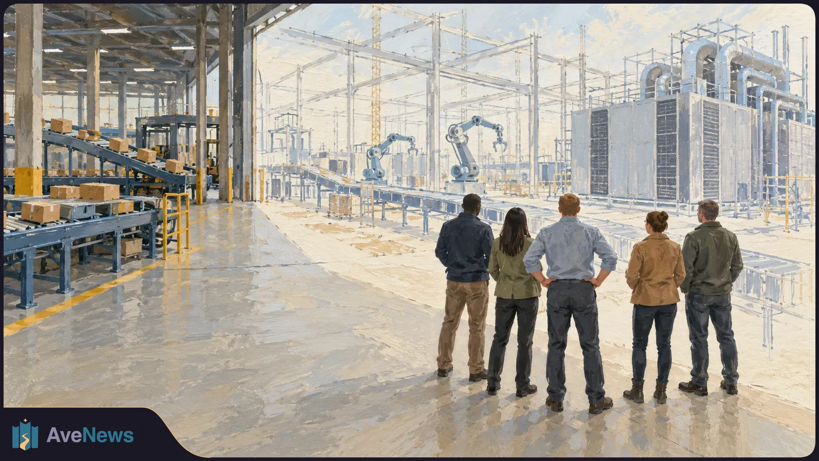 Five people seen from behind face a large industrial site with box conveyors, robotic arms, scaffolding and rows of equipment cabinets. SI illustration