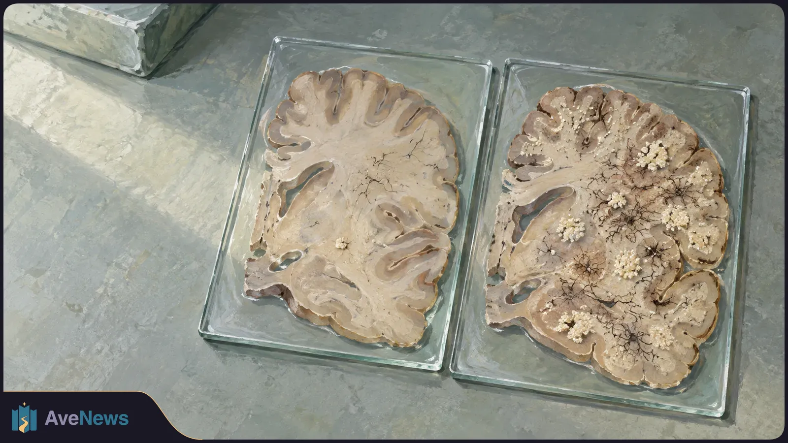 Painted illustration of two brain tissue cross-sections in glass trays; one is relatively plain, while the other has pale clusters and dark branching marks. SI illustration