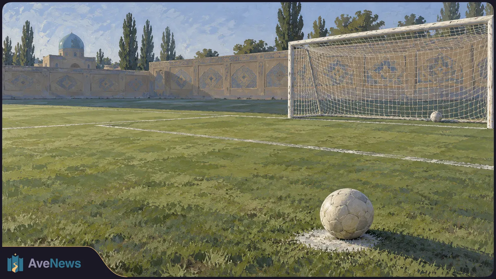Painted soccer field with a ball in the foreground, another by the goal net, and a tiled wall and blue dome beyond. SI illustration