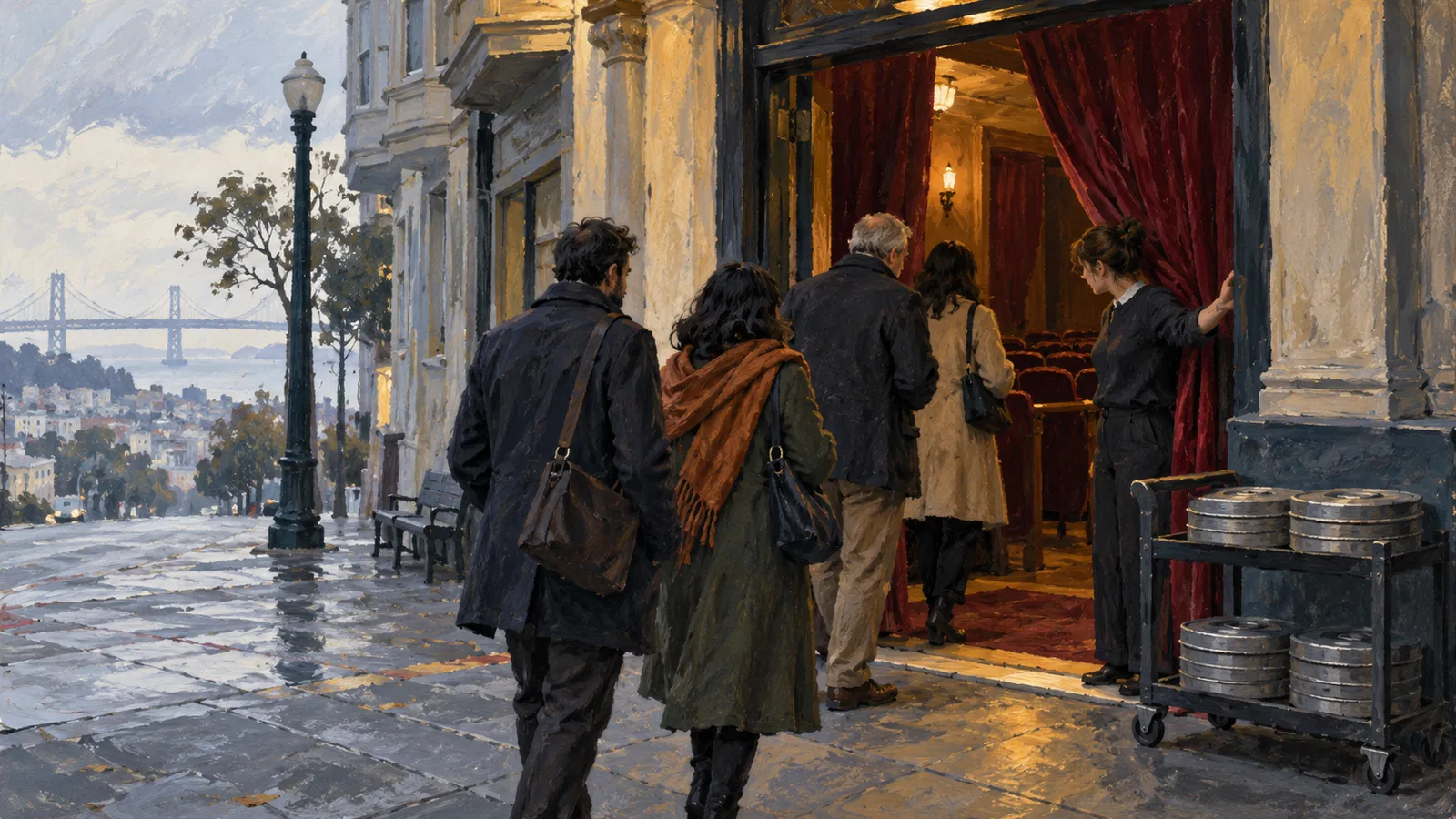 A painted scene of people entering a theater through red curtains, with film canisters on a cart and a suspension bridge visible down the wet street. SI illustration