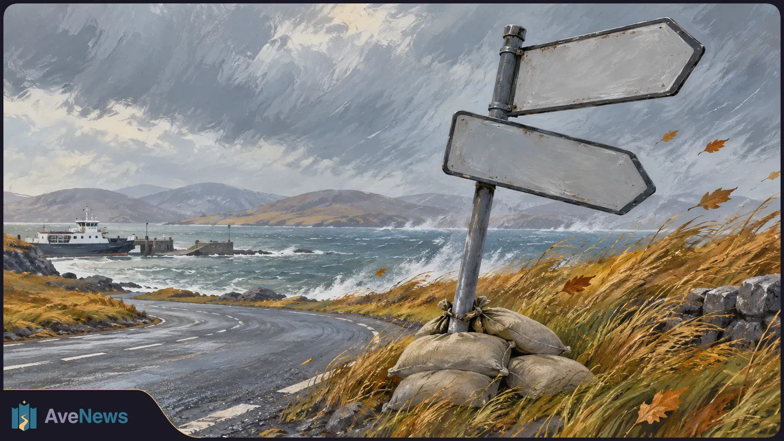 Painted coastal scene with a winding road, rough sea, ferry and two blank road signs braced by sandbags beneath a stormy sky. SI illustration