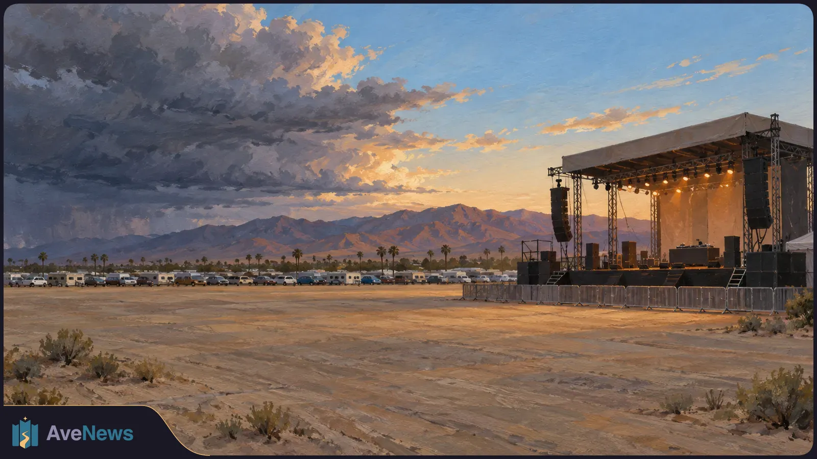 Painted desert concert stage beneath dark storm clouds at sunset, with mountains, palm trees and parked vehicles in the distance. SI illustration
