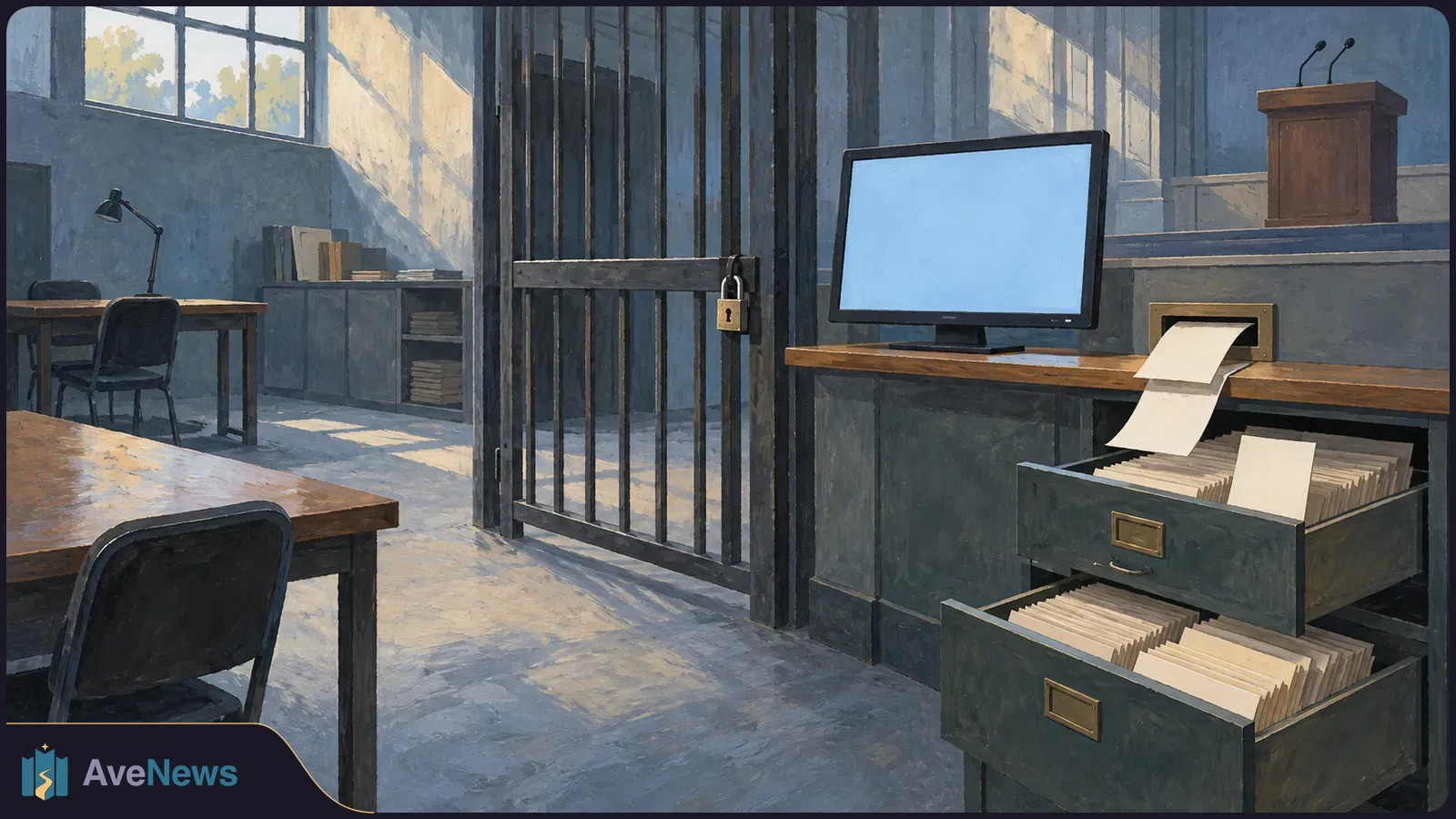 Painted empty office with a padlocked barred gate, a blank blue monitor, open drawers full of folders, and a podium. SI illustration