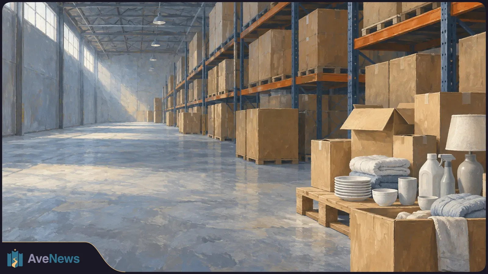 Painterly warehouse aisle lined with stacked cardboard boxes; unbranded dishes, towels, bottles and a lamp sit on pallets in the foreground. SI illustration